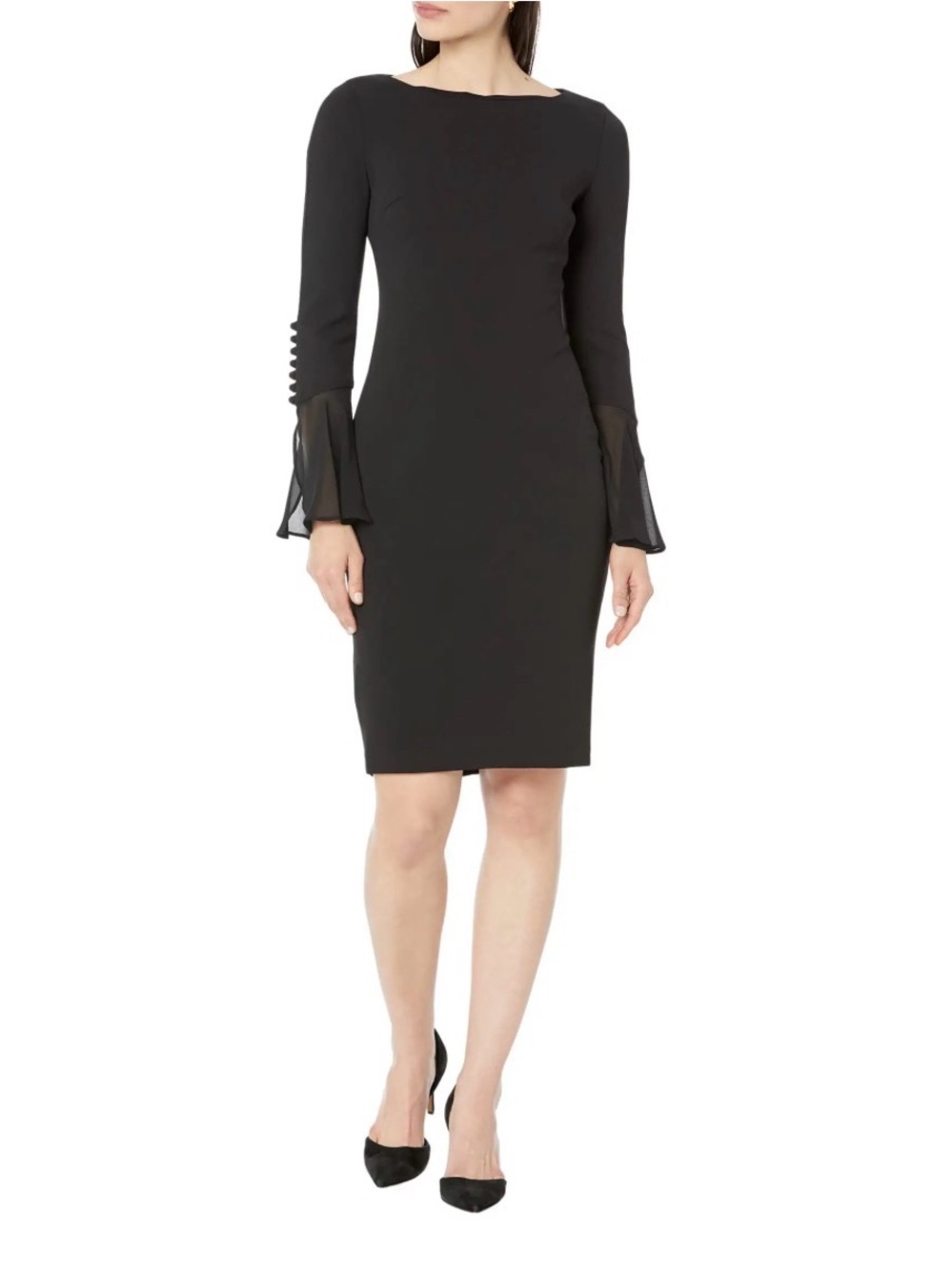 Calvin Klein Women's Black Sheath Dress With Bell Cuff Sleeves Size 8P Classic